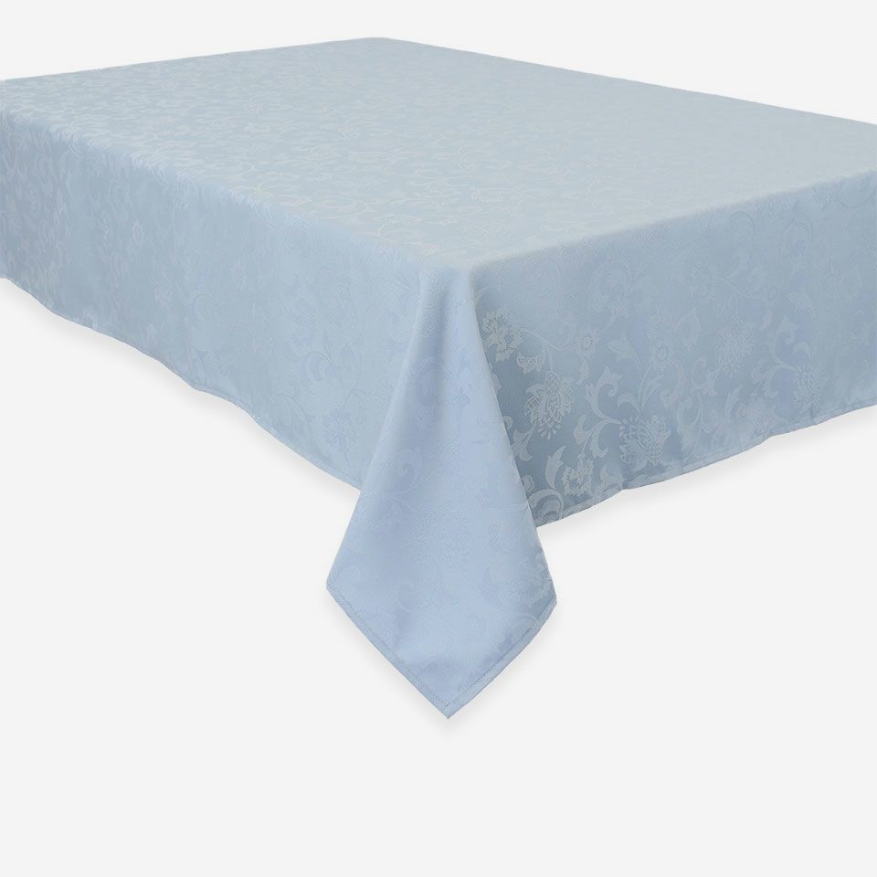 ハドンホール柄を唐草模様に着想を得てアレンジしたデザイン、ジャカードの織り柄が美しいテーブルクロスです：ライトブルー