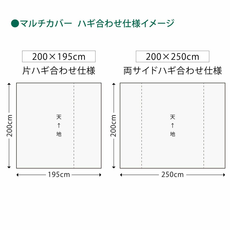 200cm×195cmは片ハギ合わせ仕様、200cm×250cmは両サイドハギ合わせ仕様となります