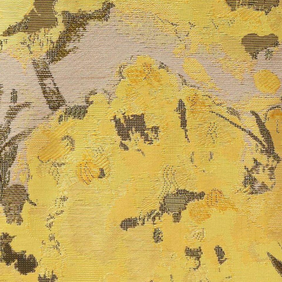 ミモザの花の粒々とふわっとやわらかいふくらみを、緻密で繊細な数種の風通織（二重織）の連なりと、込み入った織組織で表現しました