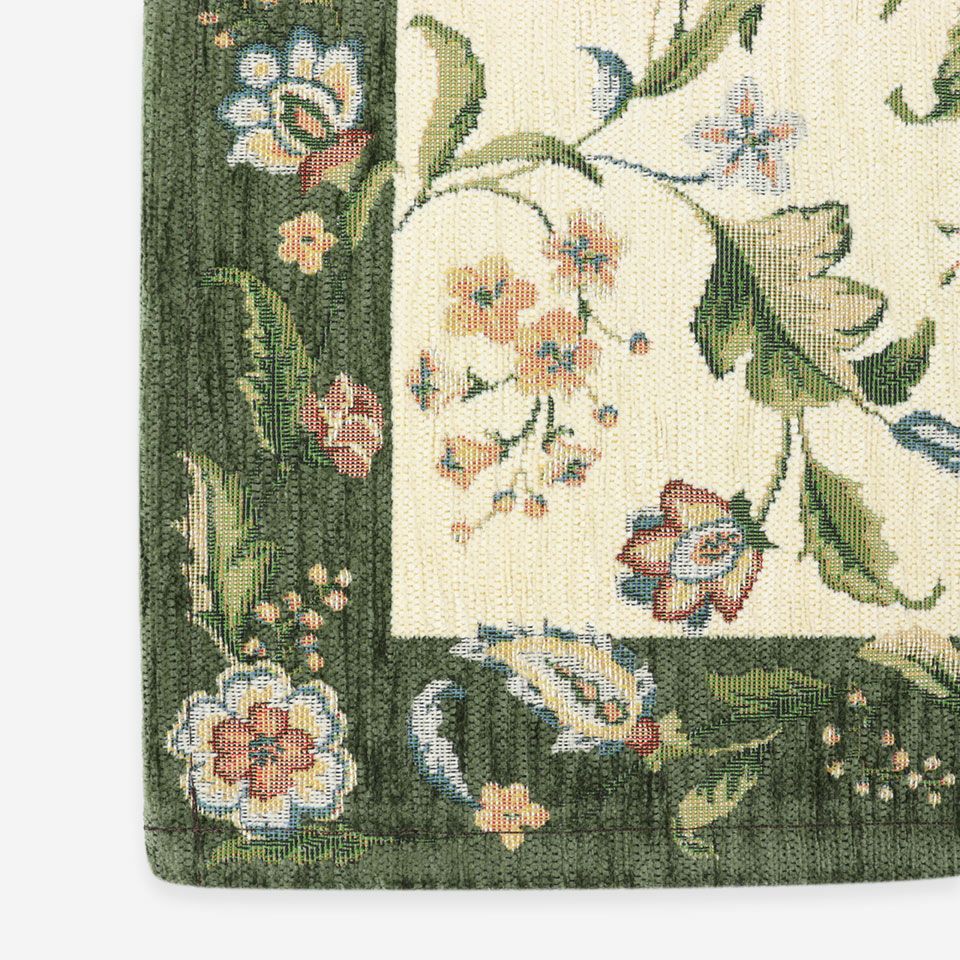 伝統柄である花更紗を多色ジャガート織+温かみのあるシェニール糸をつかって表現しました／カラー：グリーン