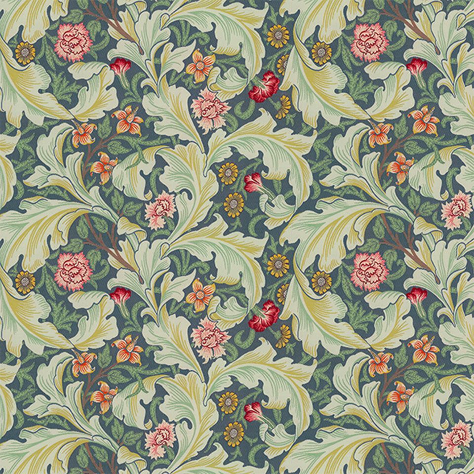 アカンサスの大胆な葉と小花の組合せで奥行きのあるデザインです／カラー：ブルーグリーン