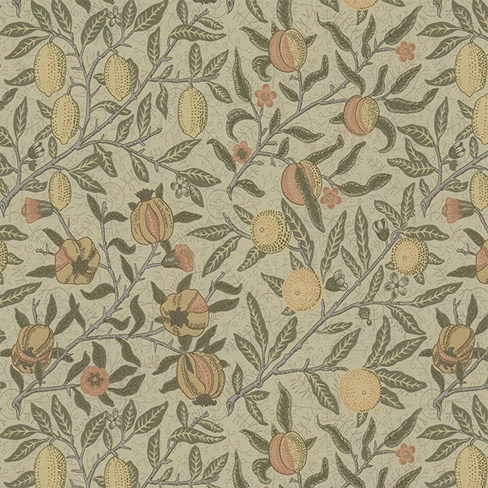 モリスが初めて壁紙をデザインした3パターンの内の1つで、オレンジ、ザクロ、レモンのフルーツが描かれ、目にも楽しい柄です／カラー：グリーン