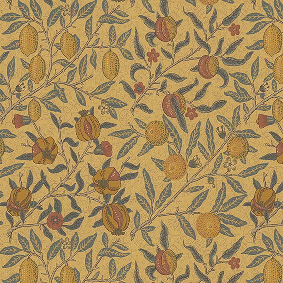 モリスが初めて壁紙をデザインした3パターンの内の1つで、オレンジ、ザクロ、レモンのフルーツが描かれ、目にも楽しい柄です／カラー：イエロー