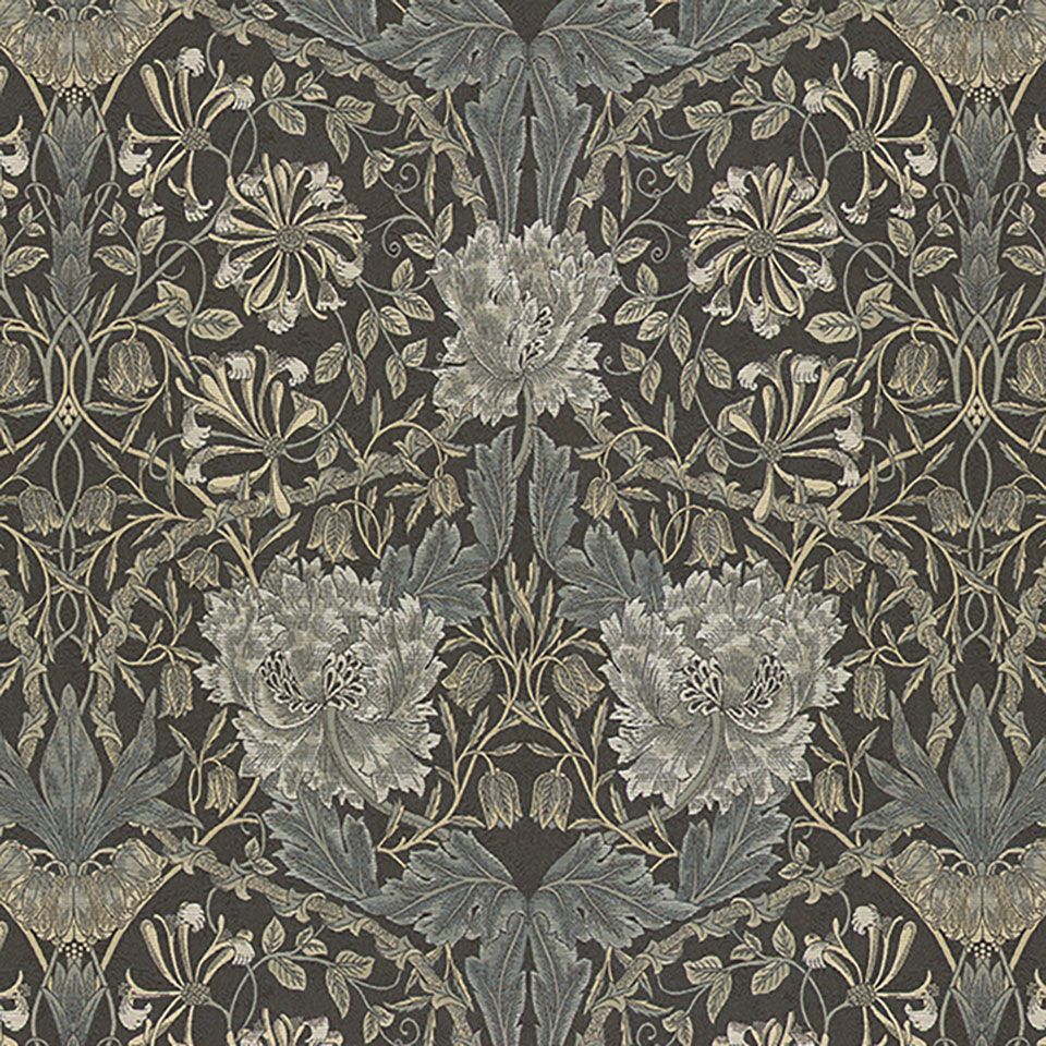 地紋に渦巻く葉の上に、チューリップとスイカズラを配置したモリス独特の構成が魅力の柄です／カラー：ダークブラウン