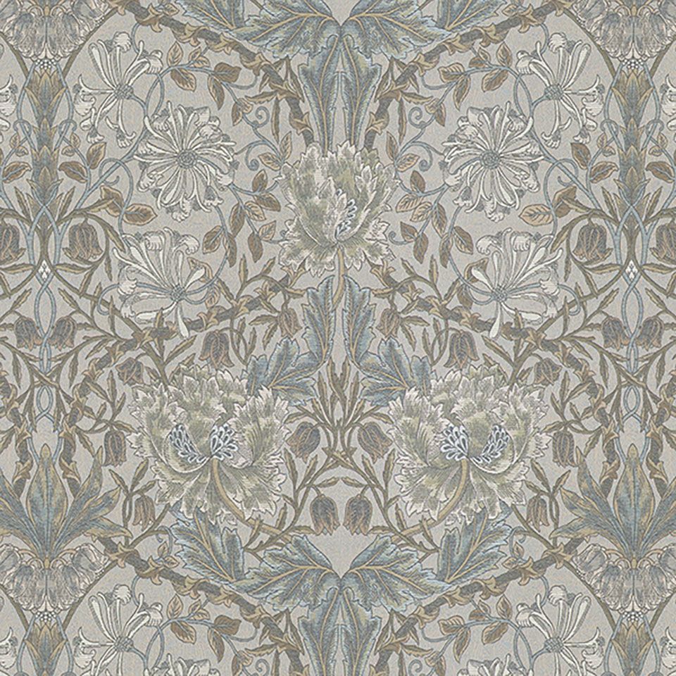 地紋に渦巻く葉の上に、チューリップとスイカズラを配置したモリス独特の構成が魅力の柄です／カラー：グレー