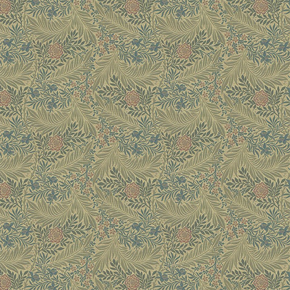 生地画像／ライトグリーン系のベースに、丸みのある赤い花とブルーの小花がアクセントになっています