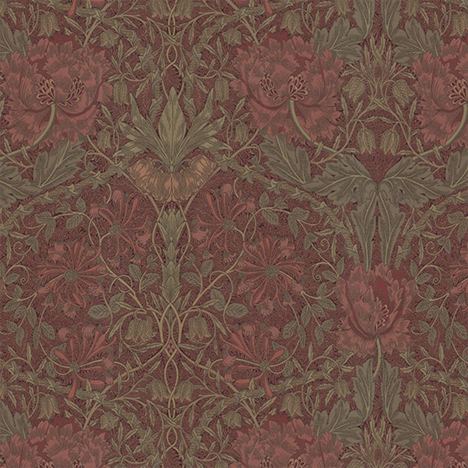 生地画像／地紋に渦巻く葉の上にチューリップとスイカズラを配したモリス独特の構成です