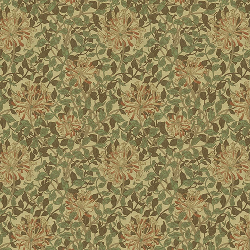 生地画像／スイカズラの花がつる性の丸みのある細かな葉の中に見え隠れするデザインです